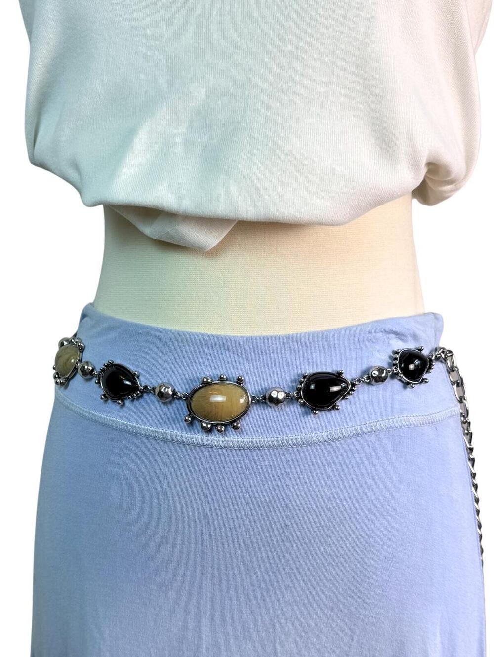 Y2K Black Stone Chain Belt Adjustable Silver Tone Boho Festival